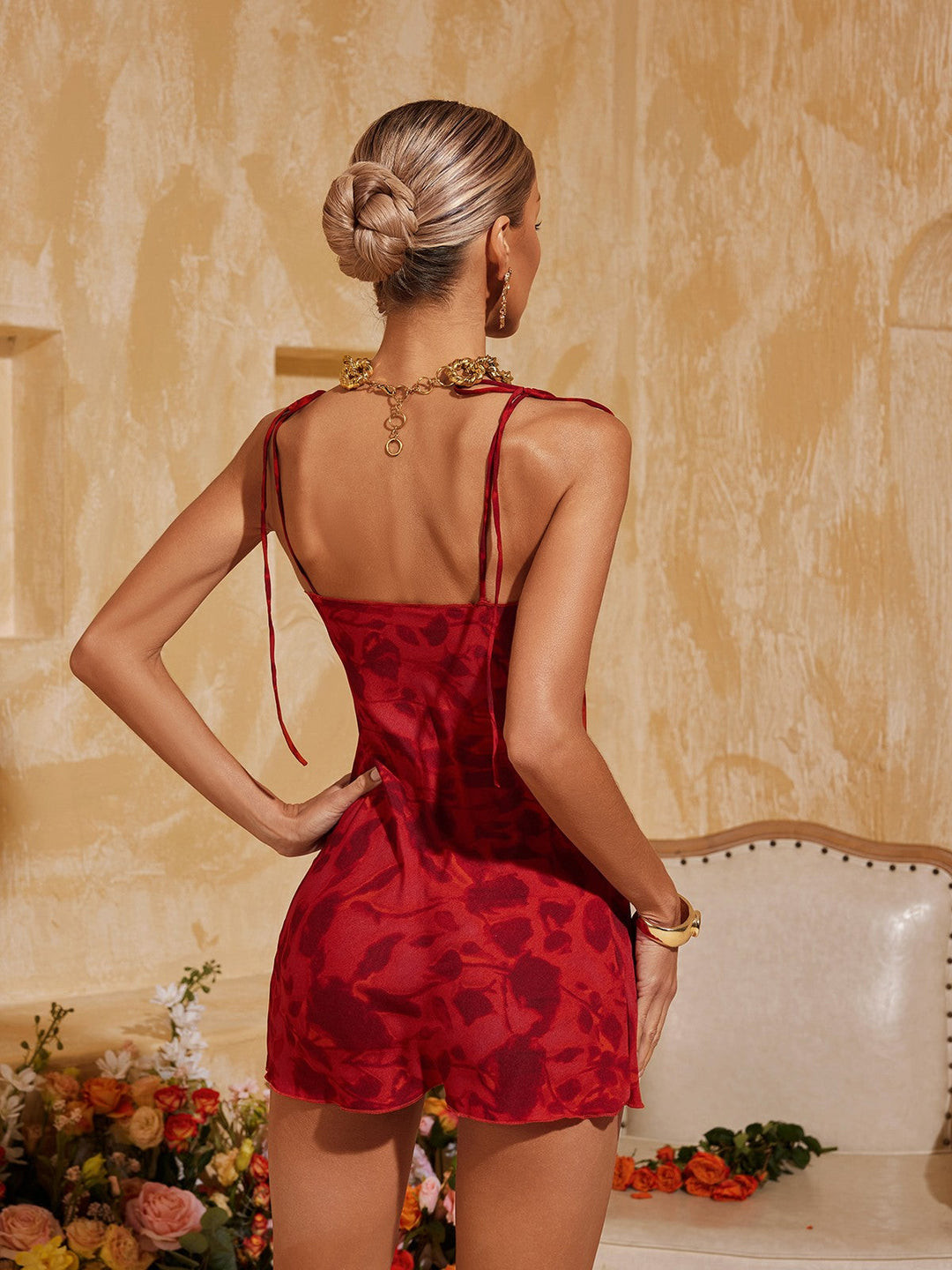 Altharion Kırmızı Çiçek Desenli Mini Elbise