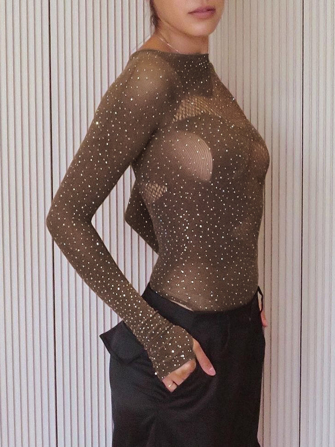 Parlak Taşlı Transparan Bodysuit