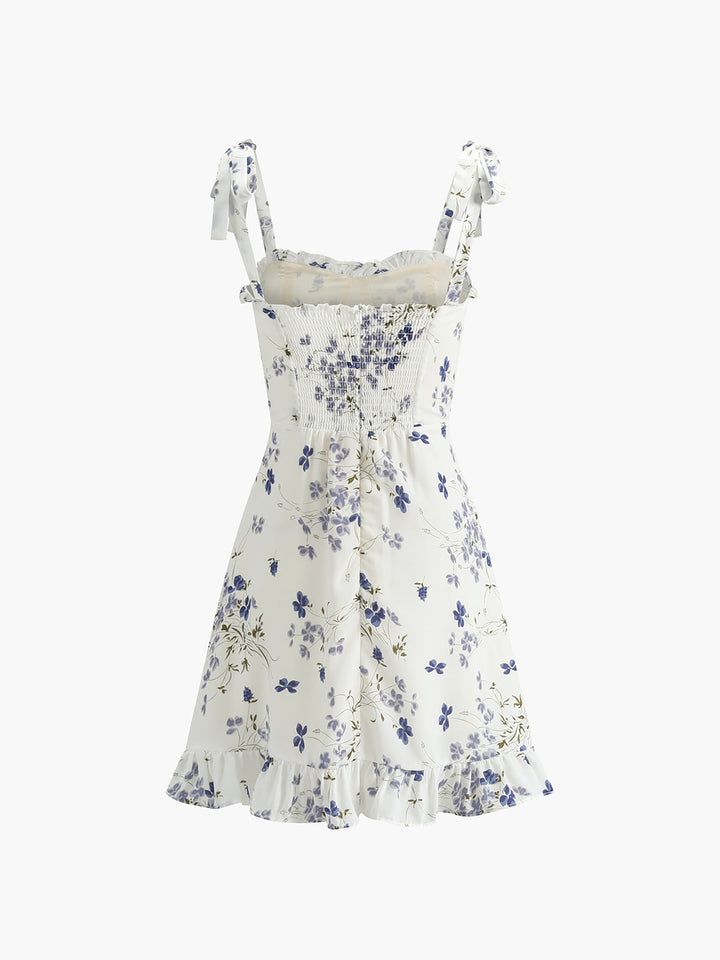 Çiçek Desenli Büzgülü Sırt Fırfırlı Düğümlü Kısa Elbise