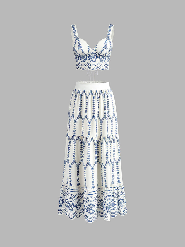 İşlemeli Kolsuz Kravat Sırtlı Etek Takım