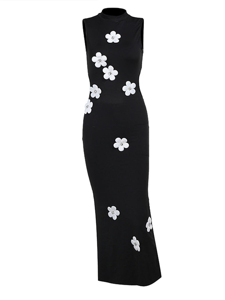 Mock Yaka 3D Çiçek Kesimli Abiye Elbise