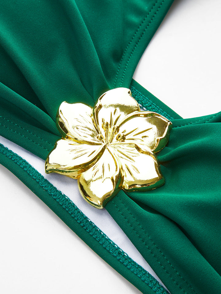 Şık Metal Çiçek Detaylı Halter Bikini Takımı