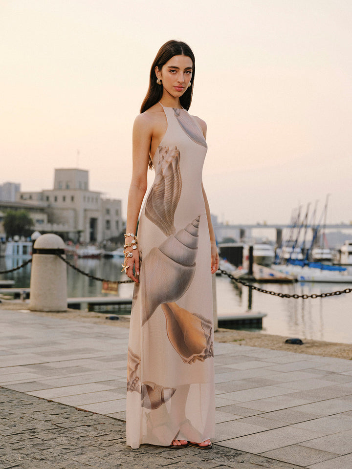 Şık Sırt Açık Halter Yaka File Elbise