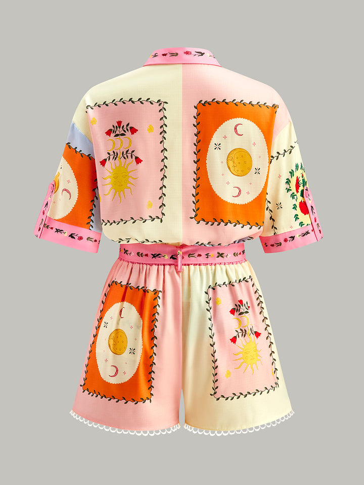 Şık Çiçek Desenli Şort ve Kemerli Takım