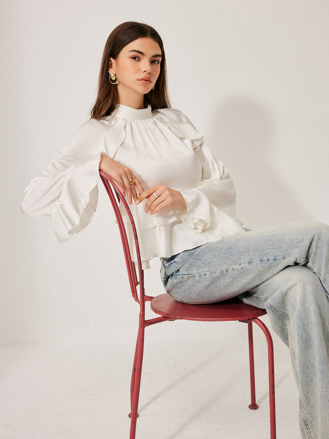 Şık Düğme Detaylı Stand Yaka Volanlı Peplum Bluz