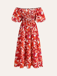 Çiçekli Düşük Omuzlu Smokin Detaylı Elbise