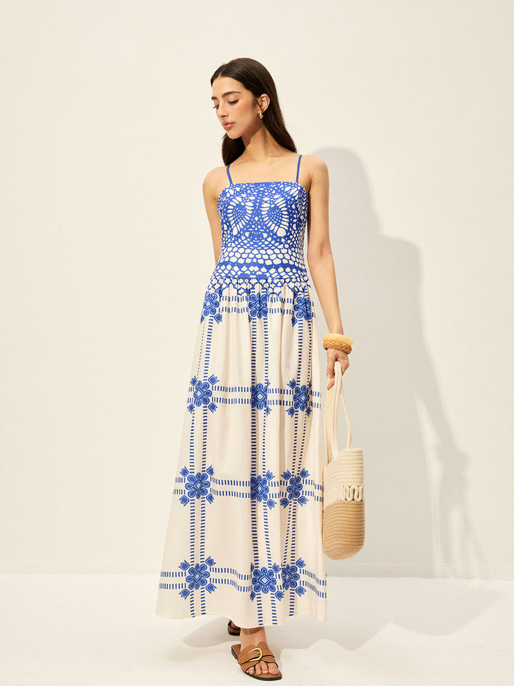 Şık Ayarlanabilir Spagetti Askılı Fermuarlı Elbise, Dikkat Çekici Desenli