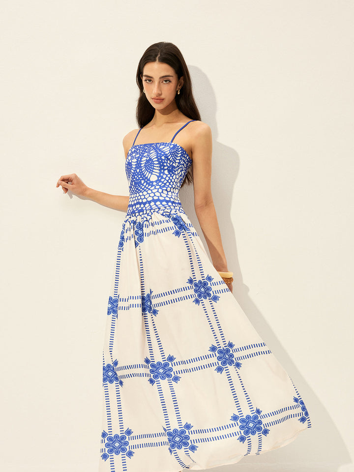 Şık Ayarlanabilir Spagetti Askılı Fermuarlı Elbise, Dikkat Çekici Desenli