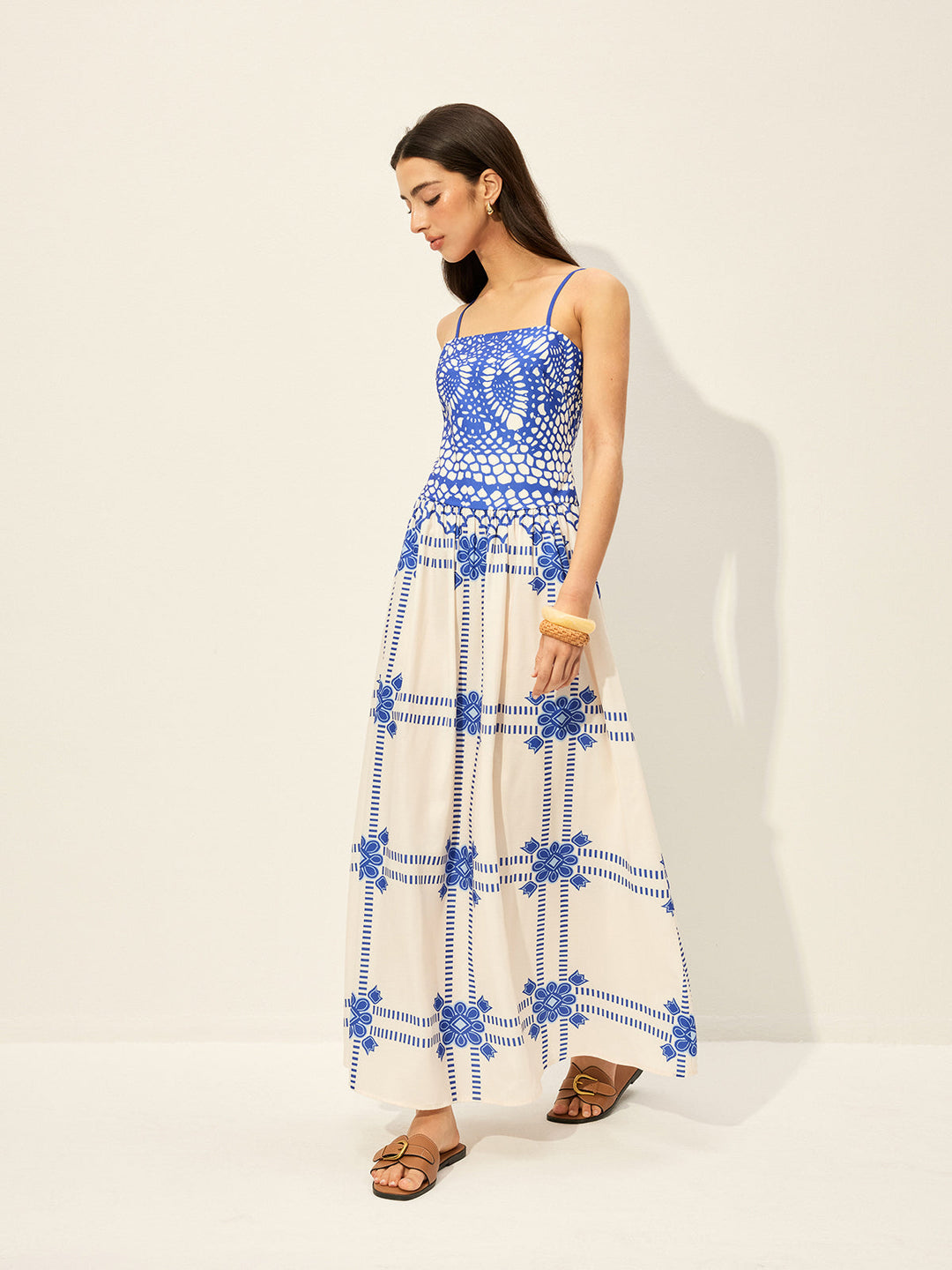 Şık Ayarlanabilir Spagetti Askılı Fermuarlı Elbise, Dikkat Çekici Desenli