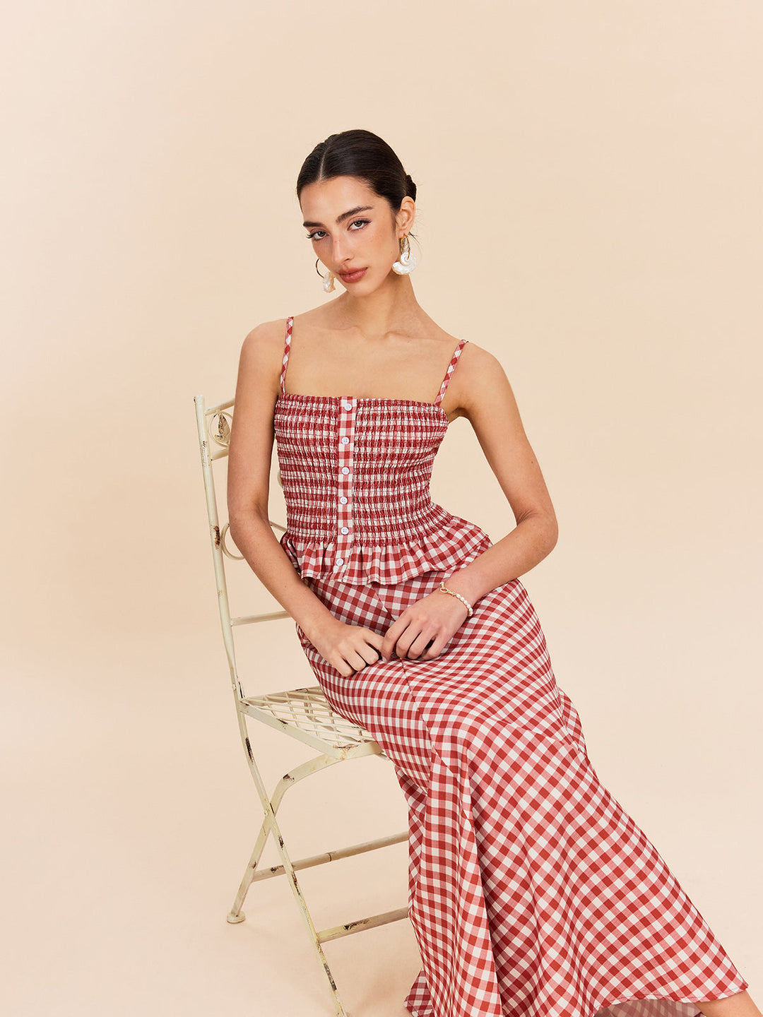 Şık Gingham Büzgülü Peplum Askılı Bluz