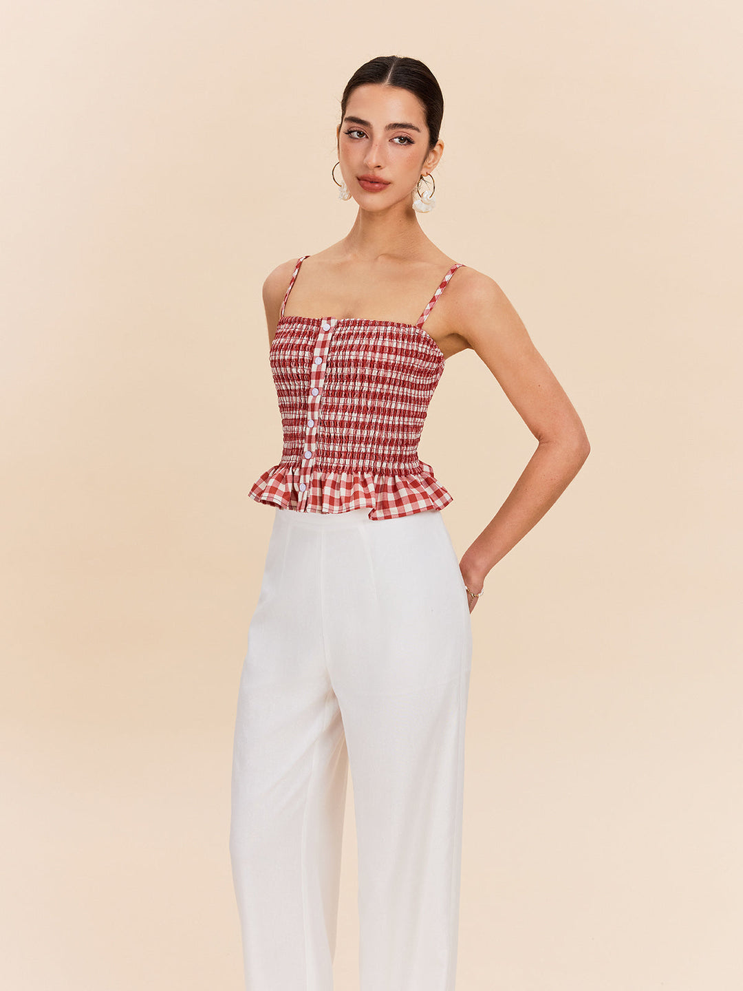 Şık Gingham Büzgülü Peplum Askılı Bluz