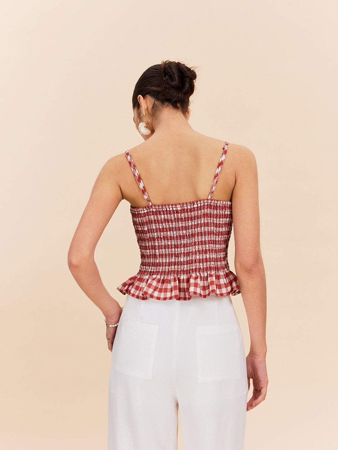 Şık Gingham Büzgülü Peplum Askılı Bluz
