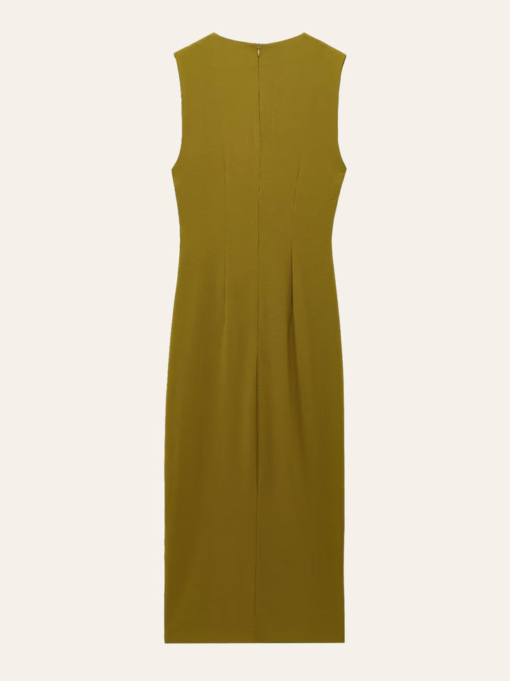 Şık Metal Detaylı Kolsuz Yarık Açık Abiye Gelinlik, Zarif Kırışık Bel ile