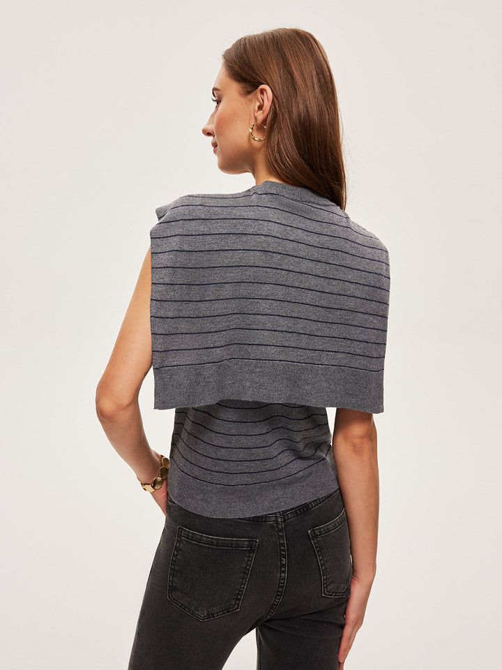 Şık 2'si 1 Arada Çizgili Düğmeli Kemerli Kolsuz Süveter