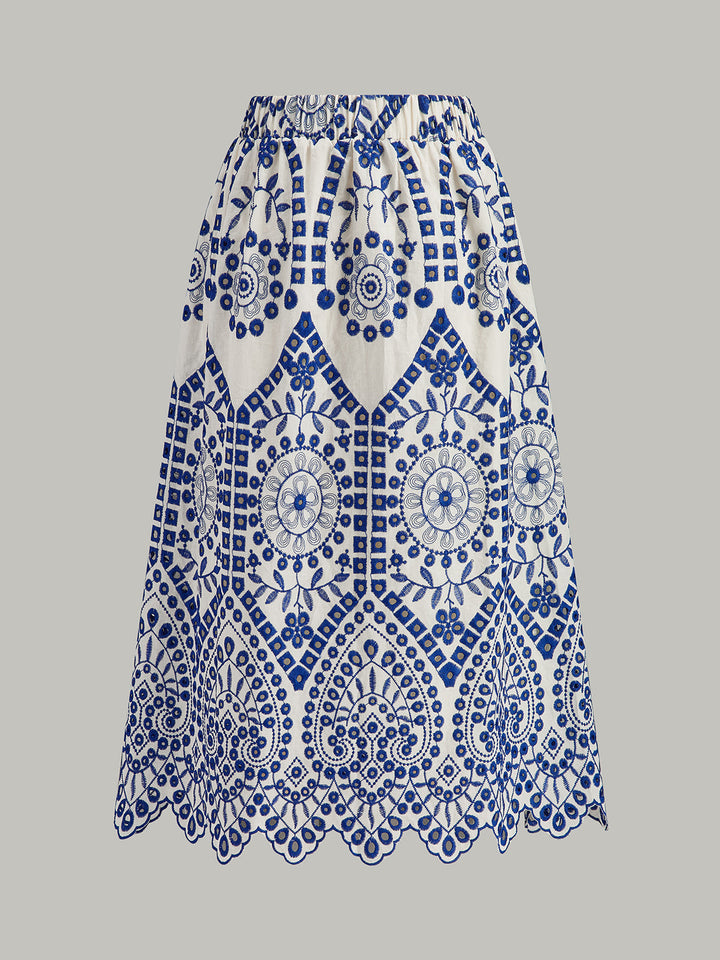 Şık Pamuklu Nakışlı Etek, Dalgalı Kenar ve Rahat Lastik Bel Bandı ile