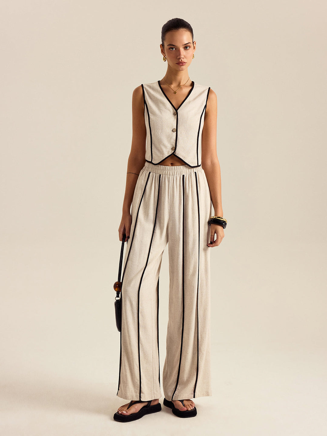 desenli keten ve pamuklu pantolon takımı, elastik beli