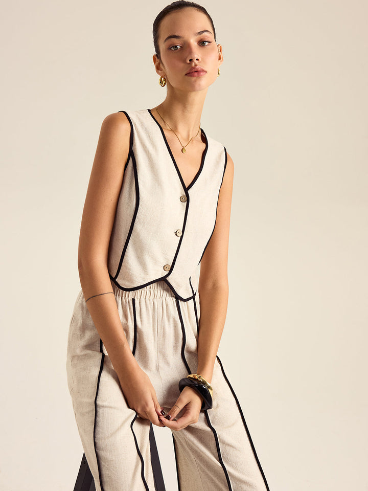 desenli keten ve pamuklu pantolon takımı, elastik beli