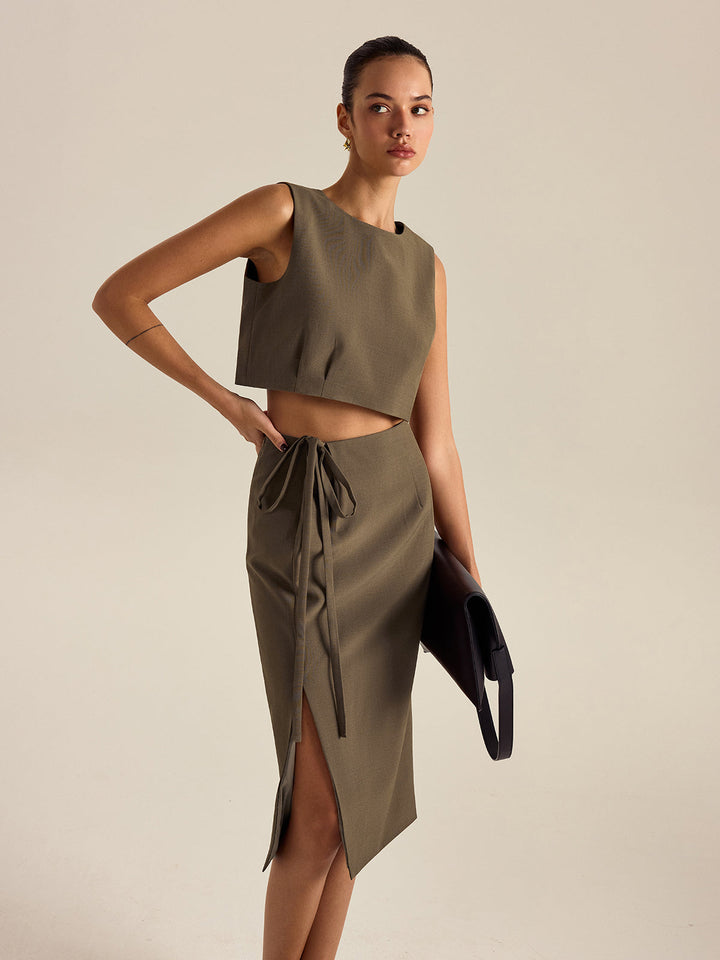 Yüksek bel kolsuz bisiklet yaka crop kesim şık bluz