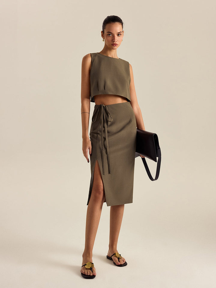 Yüksek bel kolsuz bisiklet yaka crop kesim şık bluz