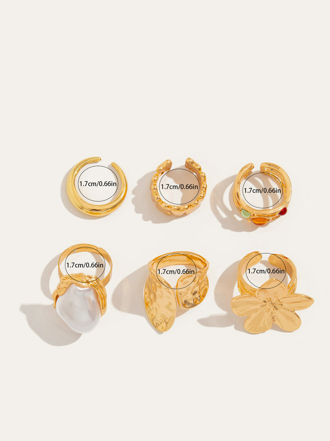 6 Parçalık Şık Tasarımlı Yüzük Takımı İncili ve Çiçek Desenli