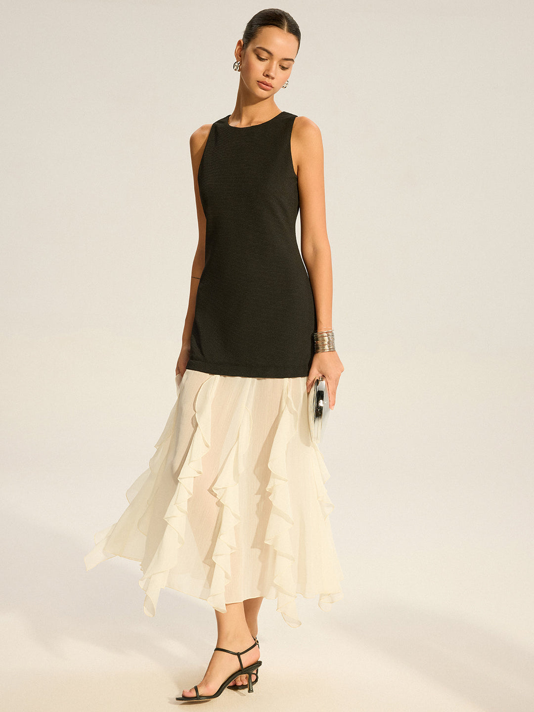 2'si 1 Arada Yarı Saydam Katlı Etekli Maxi Elbise