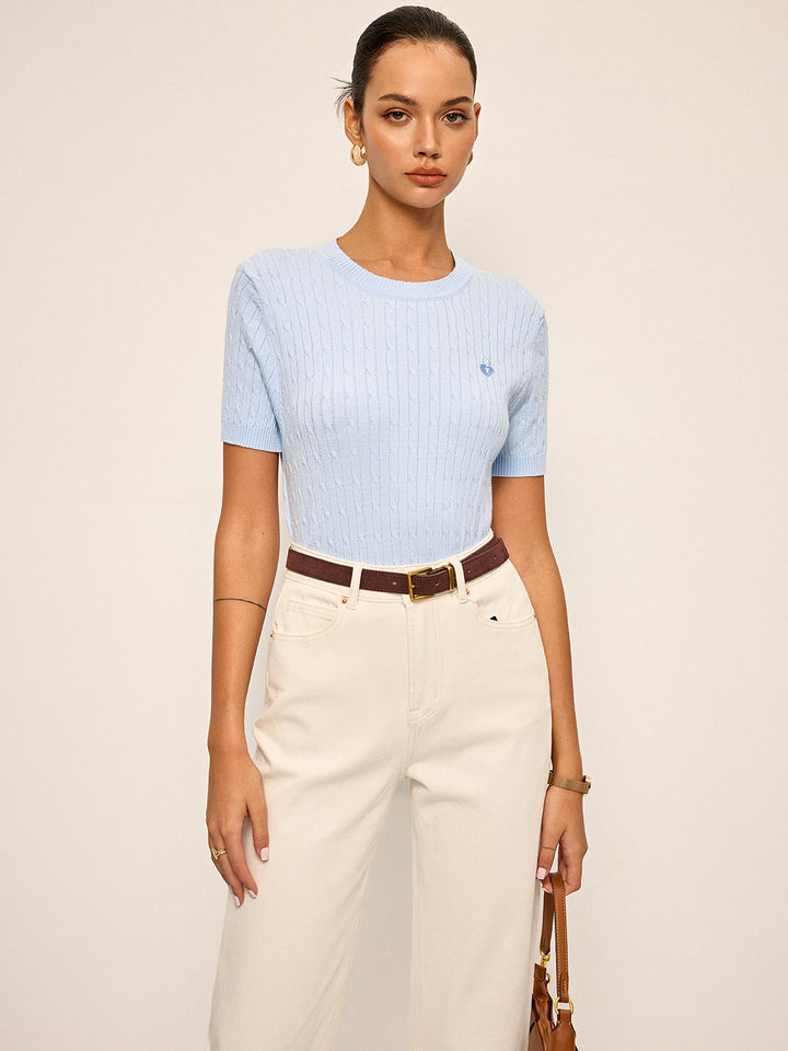 Kalp İşlemeli Yüksek Yaka Kablolu Örgü T-shirt