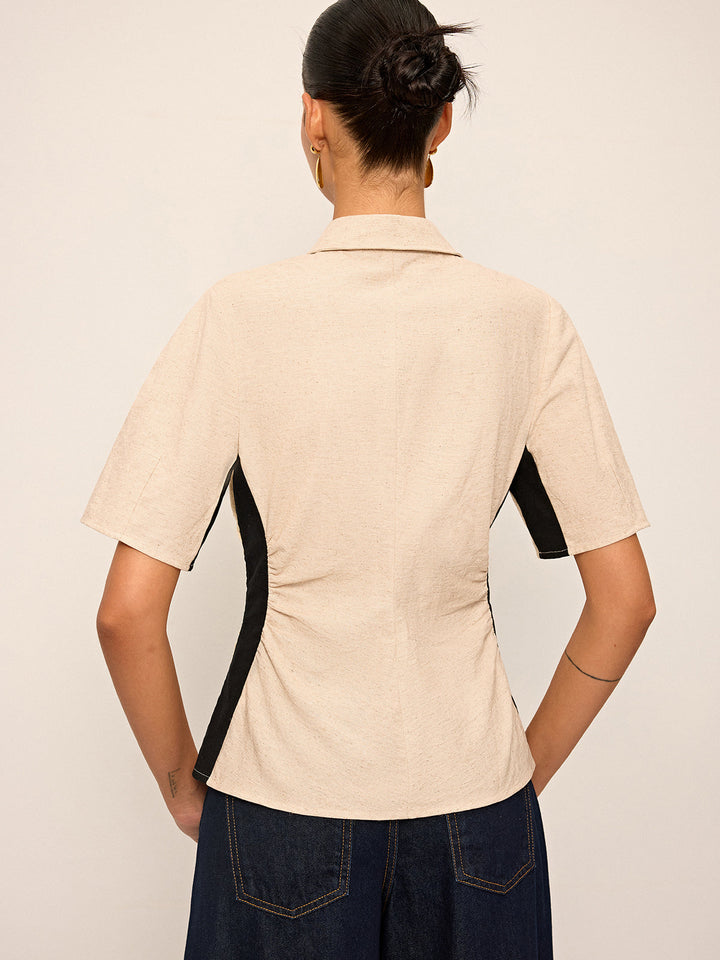 Pamuk ve Keten Kontrast Dikişli Burgu Detaylı Gömlek