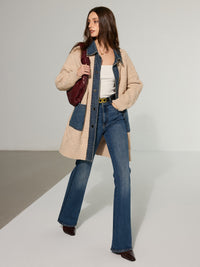 Kablo Örgü Denim Panelli Uzun Hırka