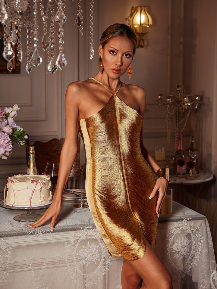 Bluma Tek Omuzlu Püsküllü Mini Elbise Bronz