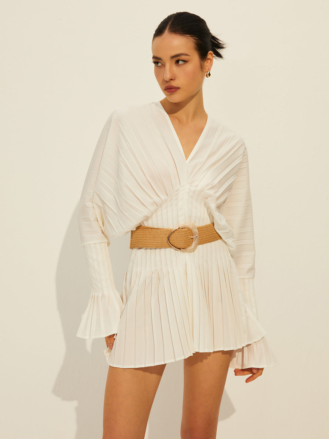 Elegant Pleated V-Neck Long Sleeve Dress by Svelte Chic