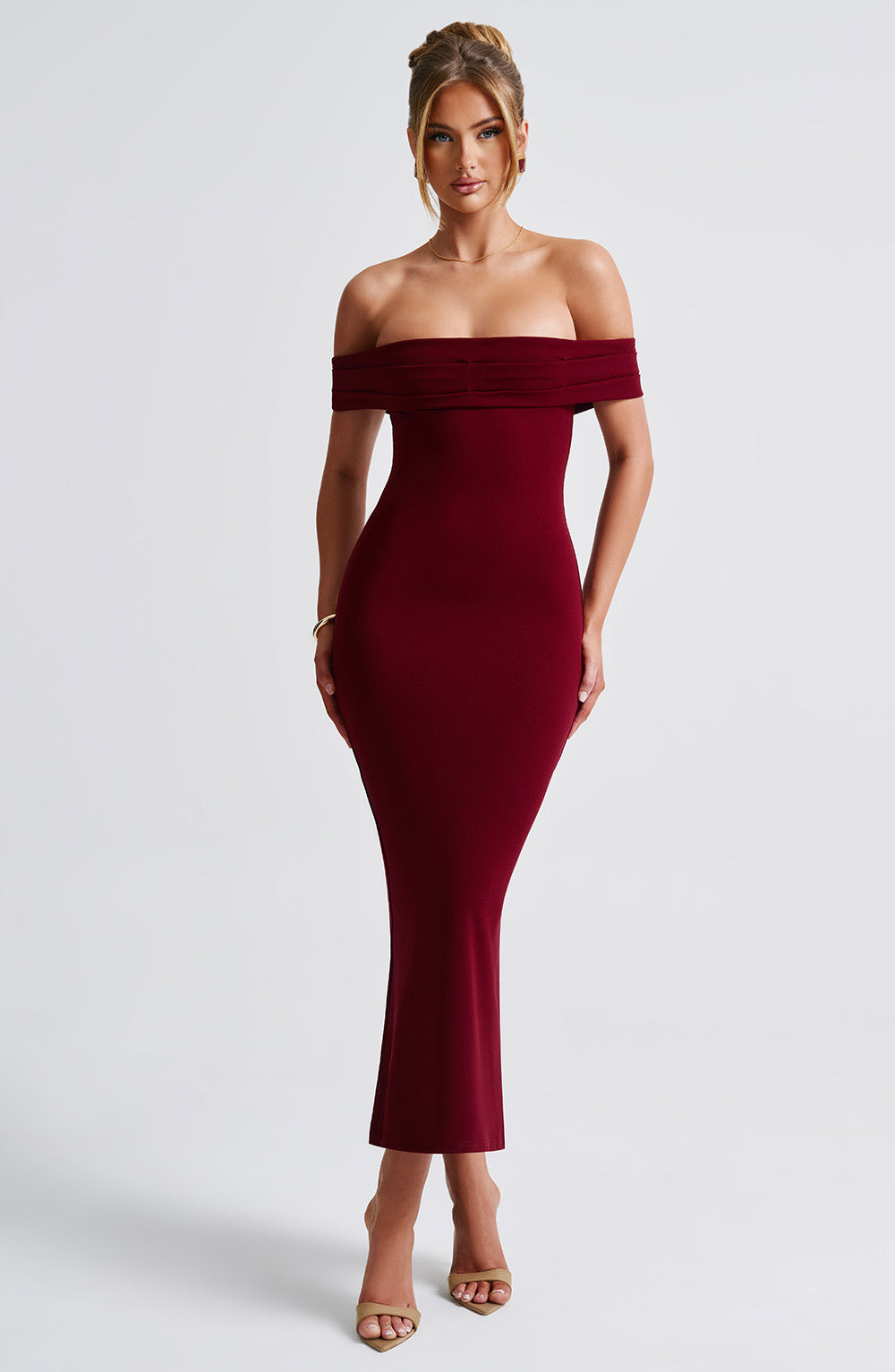 Bordo Bex Midi Elbise, Svelte Chic koleksiyonundan