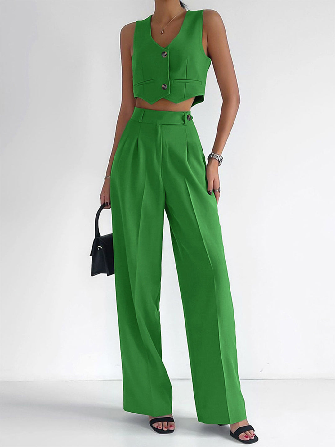 Svelte Chic pantolon takımlı katı düğme ön yelek