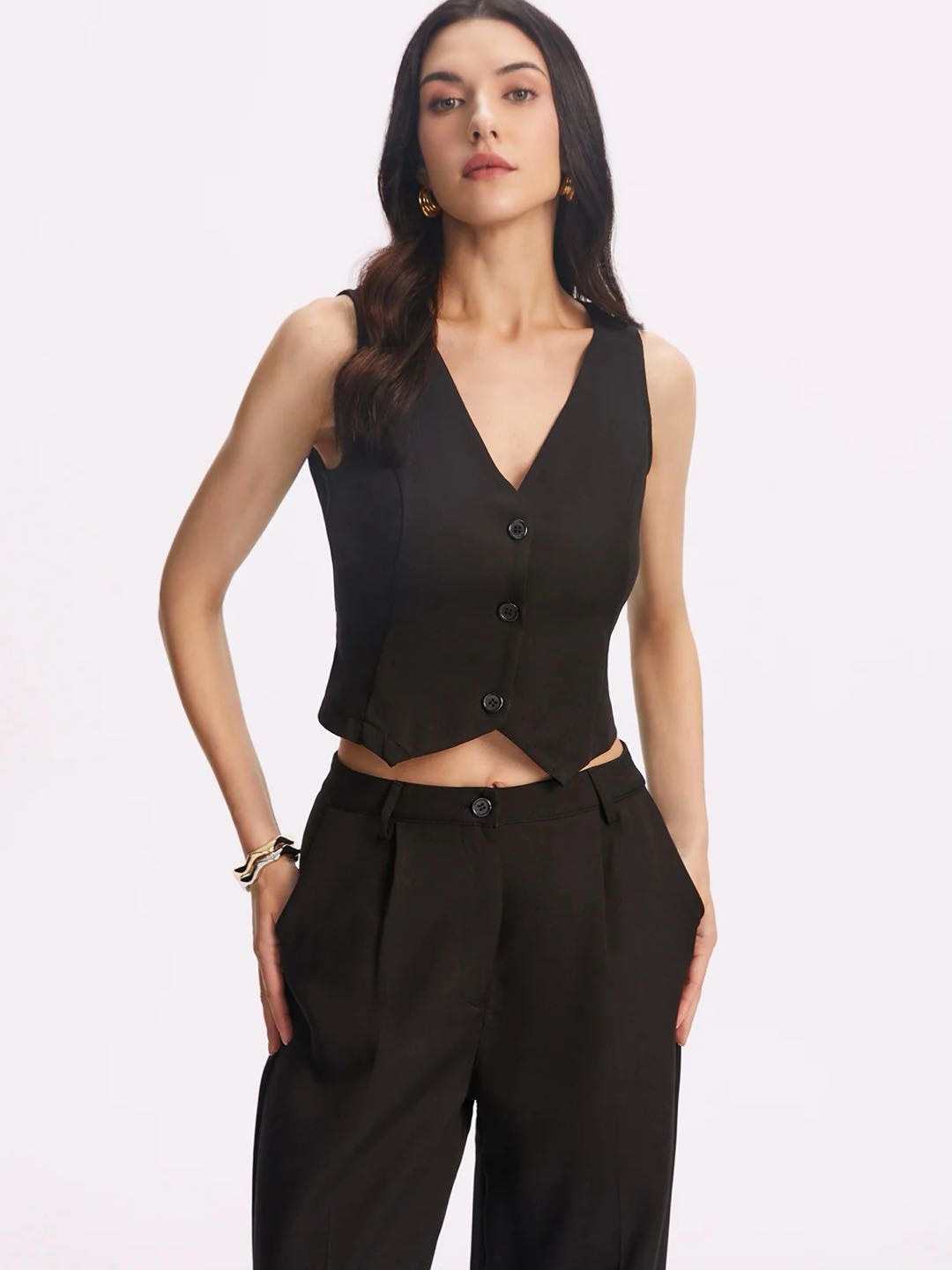 Svelte Chic düz paça pantolon takımlı düz dikişli yelek
