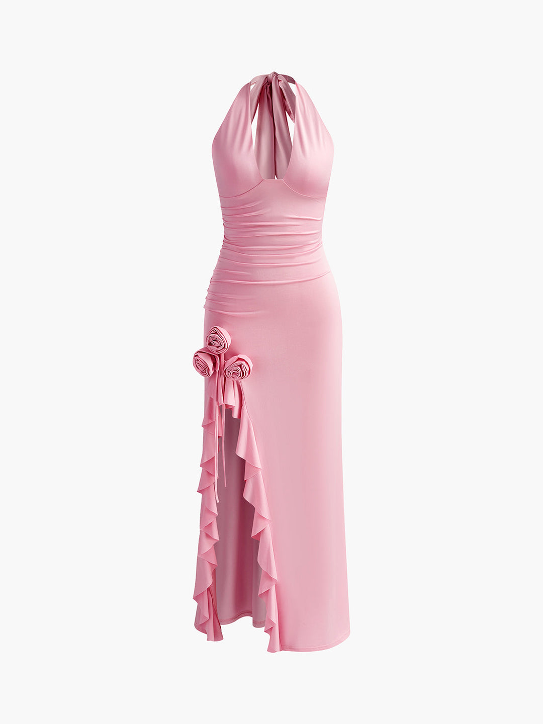Halter fırfırlı rozet uzun elbise, romantik stil