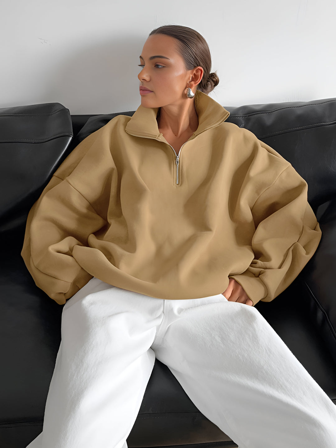 Lapel Zipper Pullover Sweatshirt, Svelte Chic