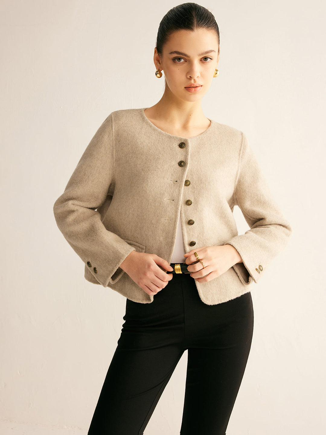 Yün karışımlı şık düğmeli blazer, kadın modası
