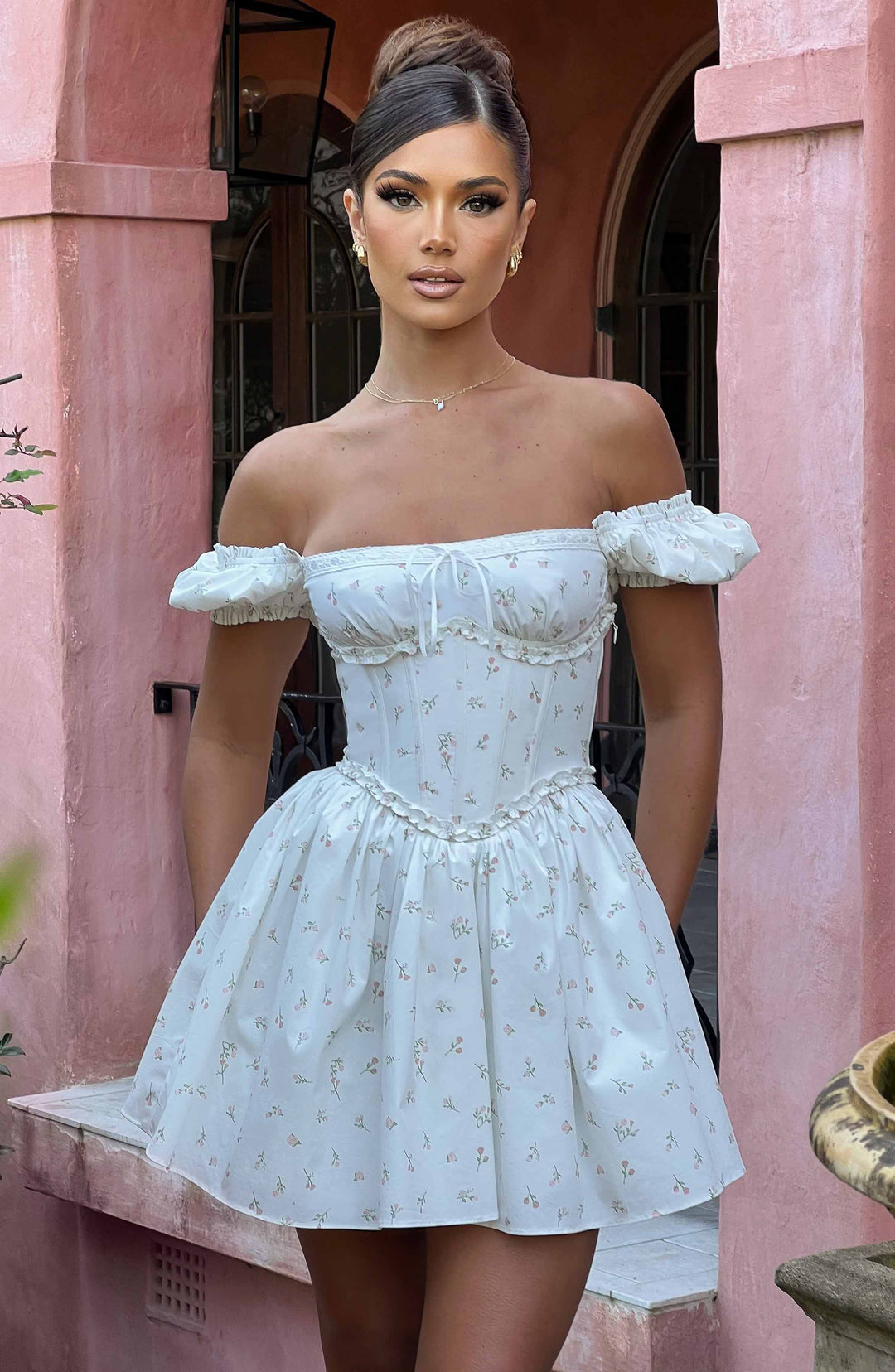 Penelope Mini Elbise Allık Çiçek Desenli