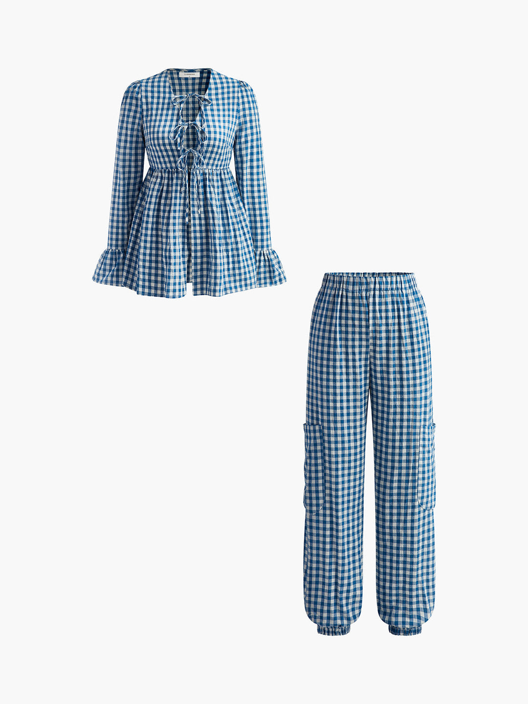 Plaid Ruffle Elastic Waist Pants Set, kadın modası, Svelte Chic