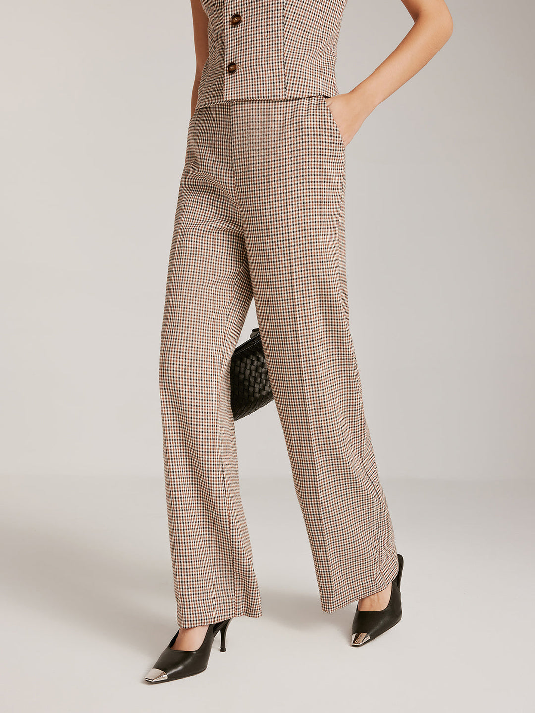 Yüksek Bel Kareli Kemerli Pantolon - Svelte Chic