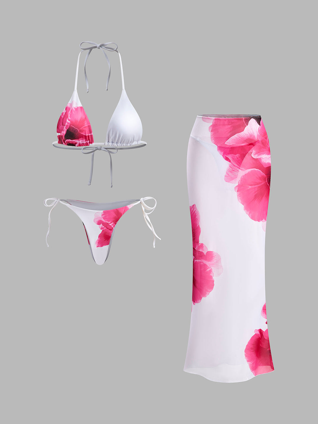 Cazip çiçekli bikini seti ve şeffaf etek