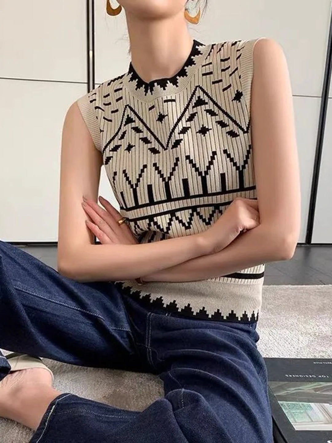 Svelte Chic Kontrast Örgü Yelek