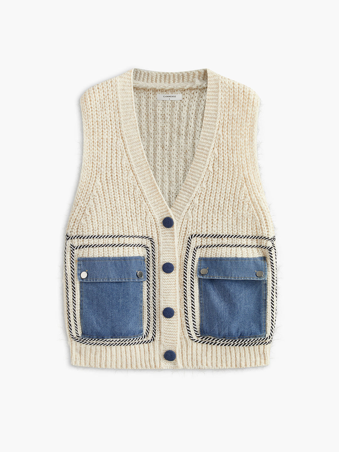 Denim Cepli V Yaka Süveter - Svelte Chic