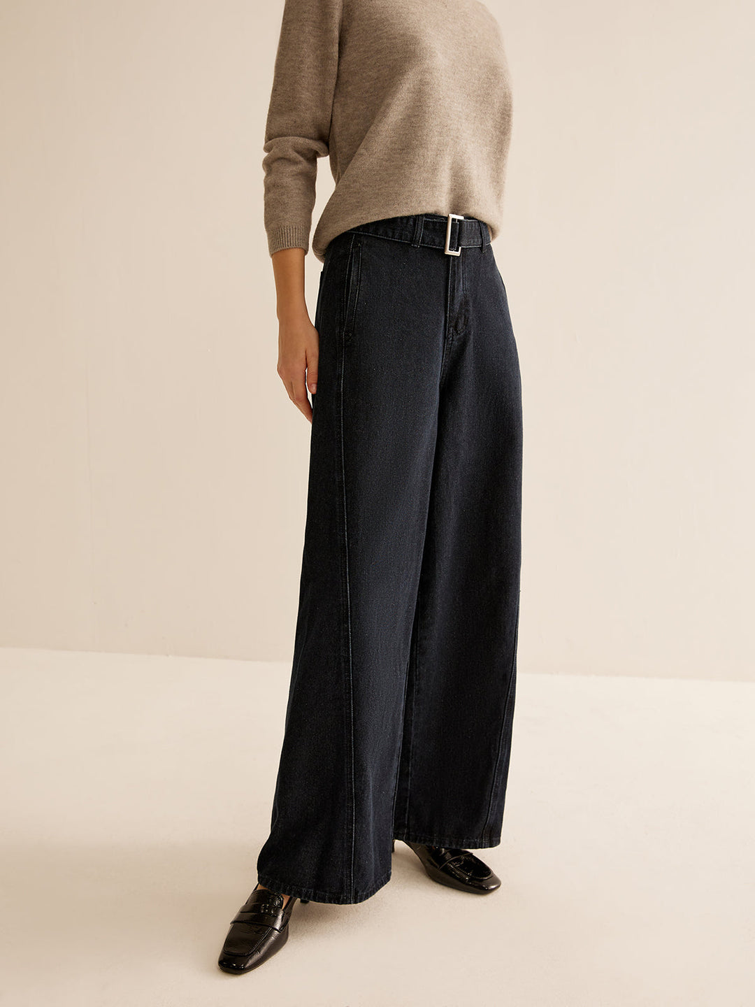 Yıkanmış kot kemerli düz pantolon, Svelte Chic