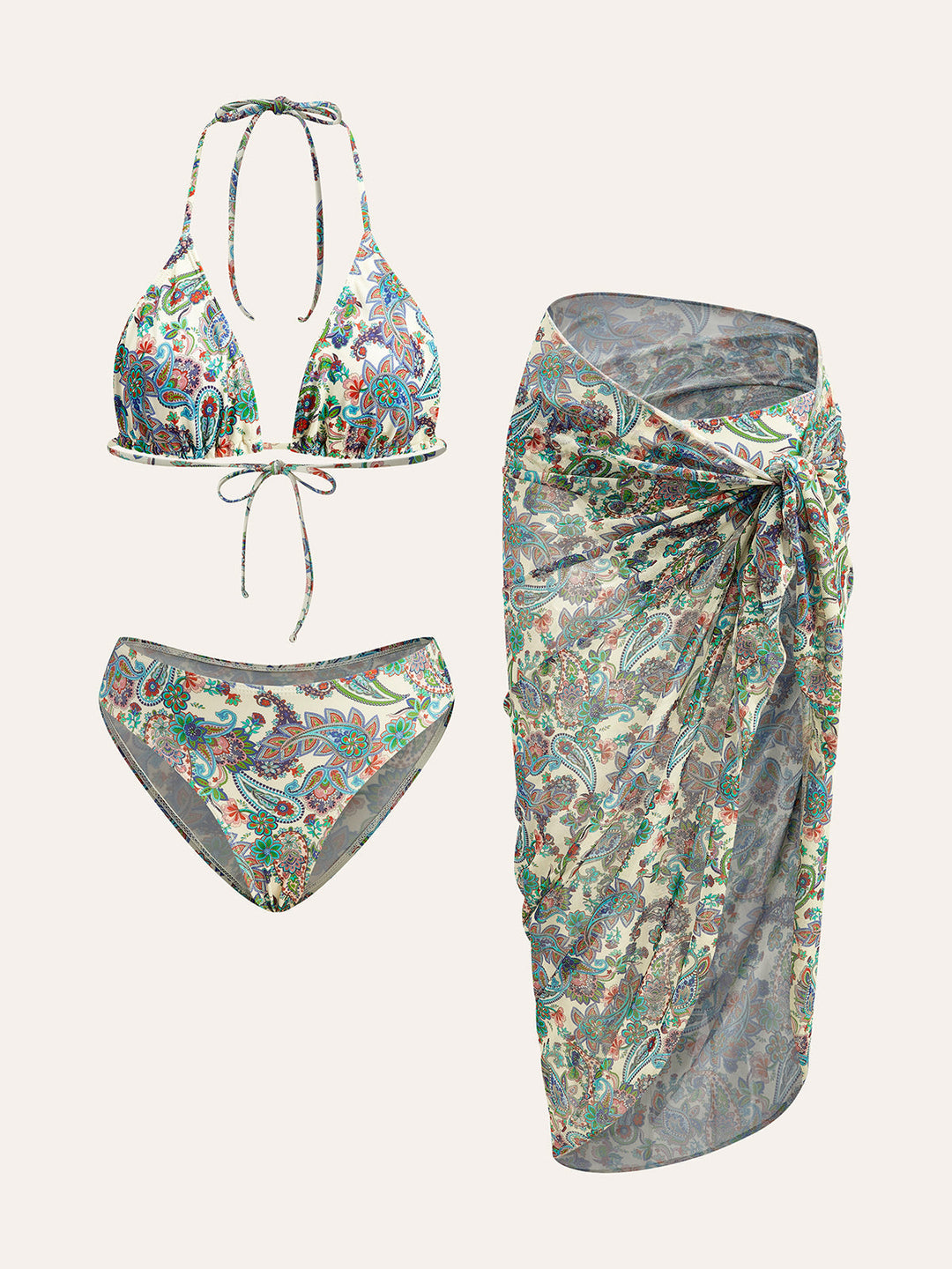 Şık bağcıklı bikini takımı ve paisley desenli üst