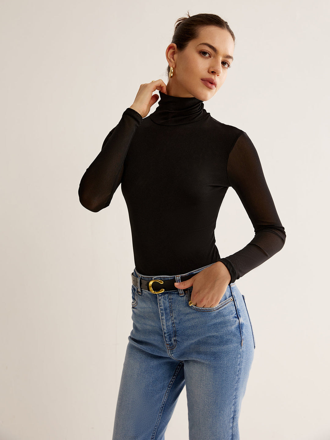 Yüksek yaka şeffaf kollu jersey üst - Svelte Chic