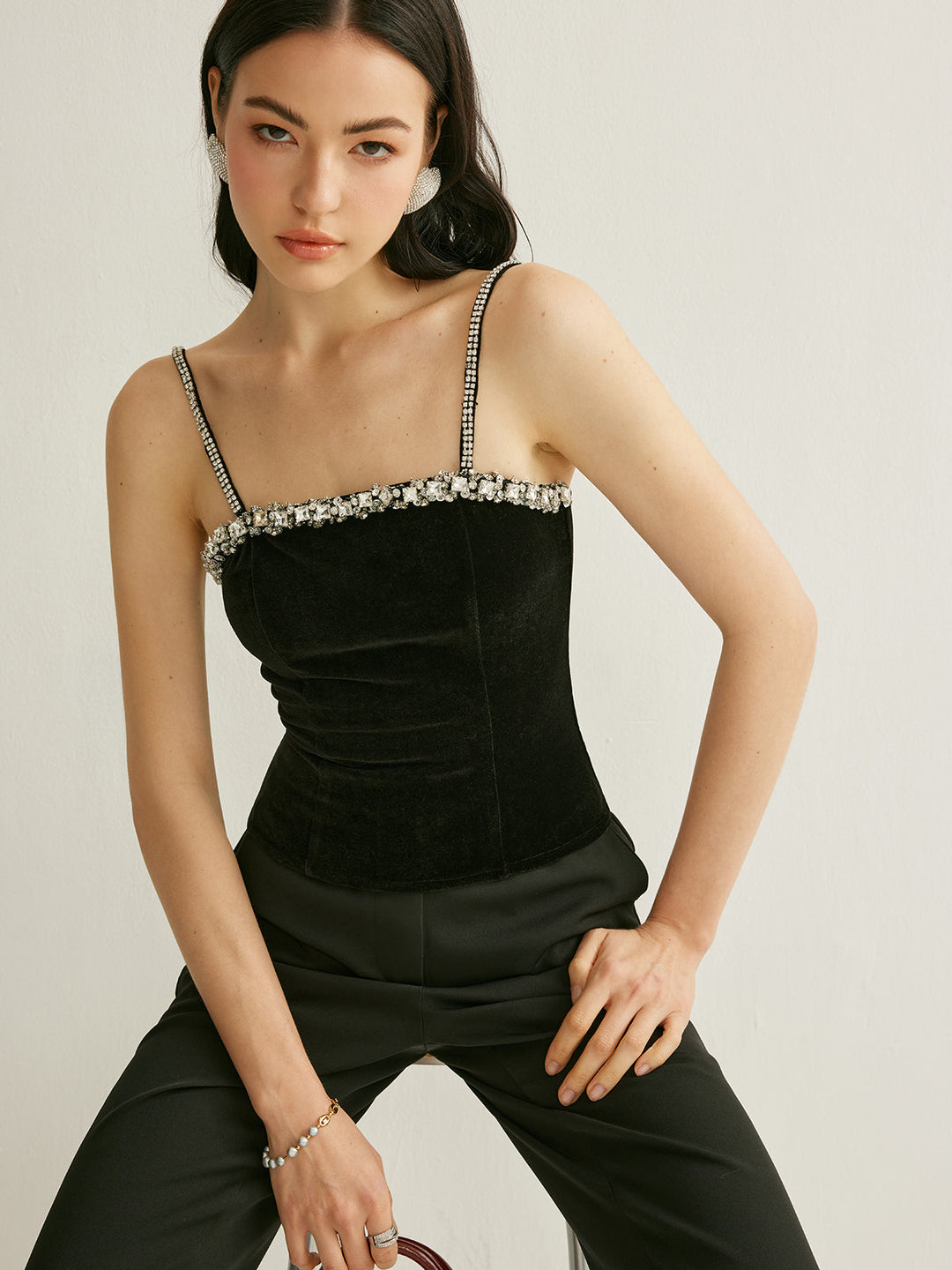 Işıltılı Rhinestone Kadife Korse Üst - Svelte Chic