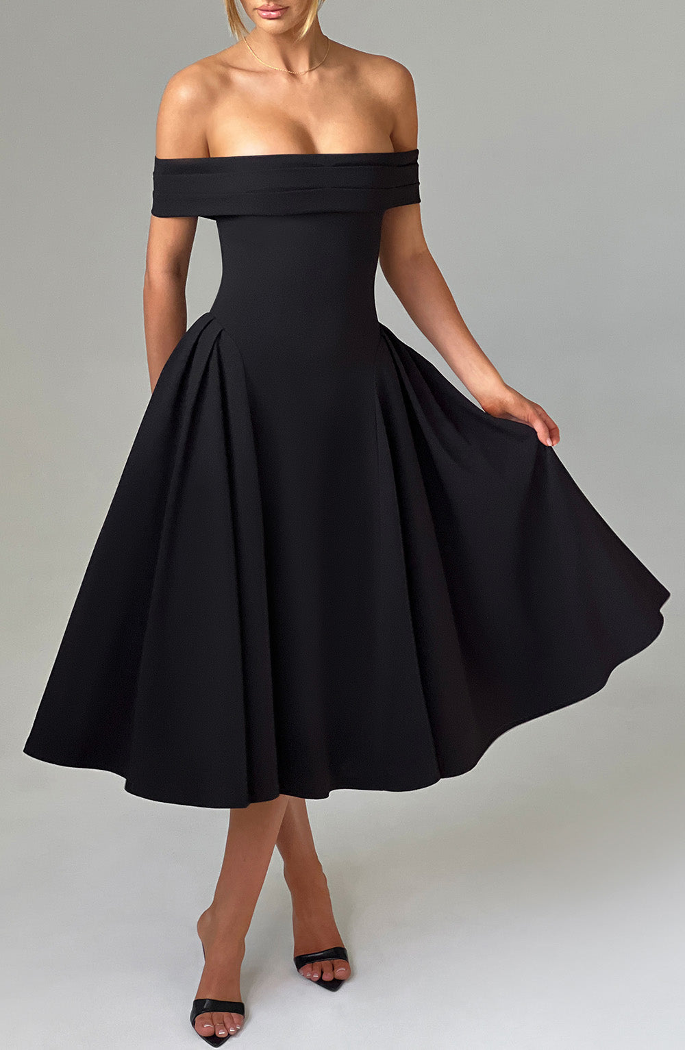 Miranda Midi Elbise - Siyah, Bardot yaka, Svelte Chic