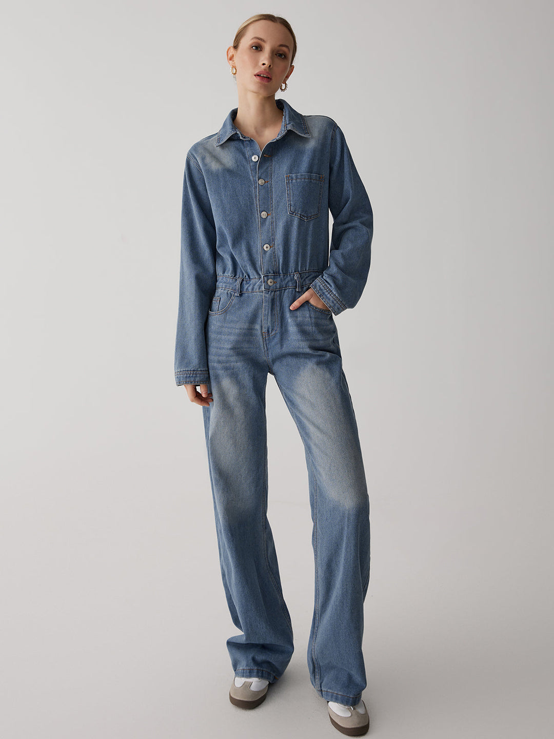 Denim yaka düğmeli düz paça tulum