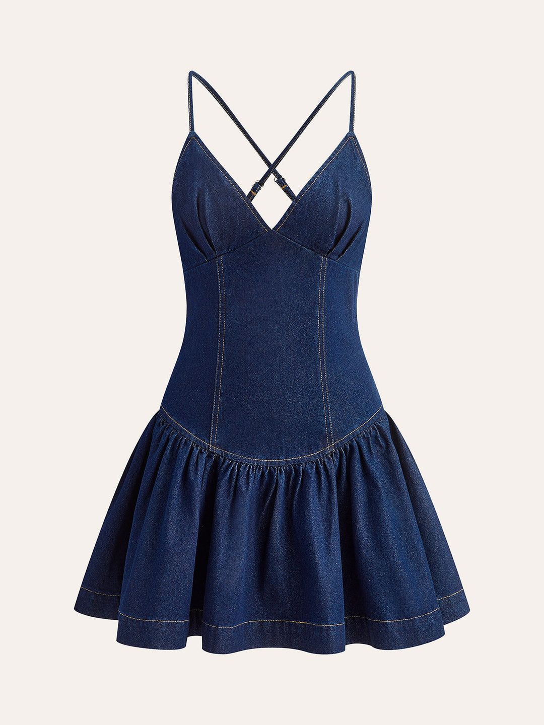 Şık X-Baskı Fırfırlı Denim Elbise
