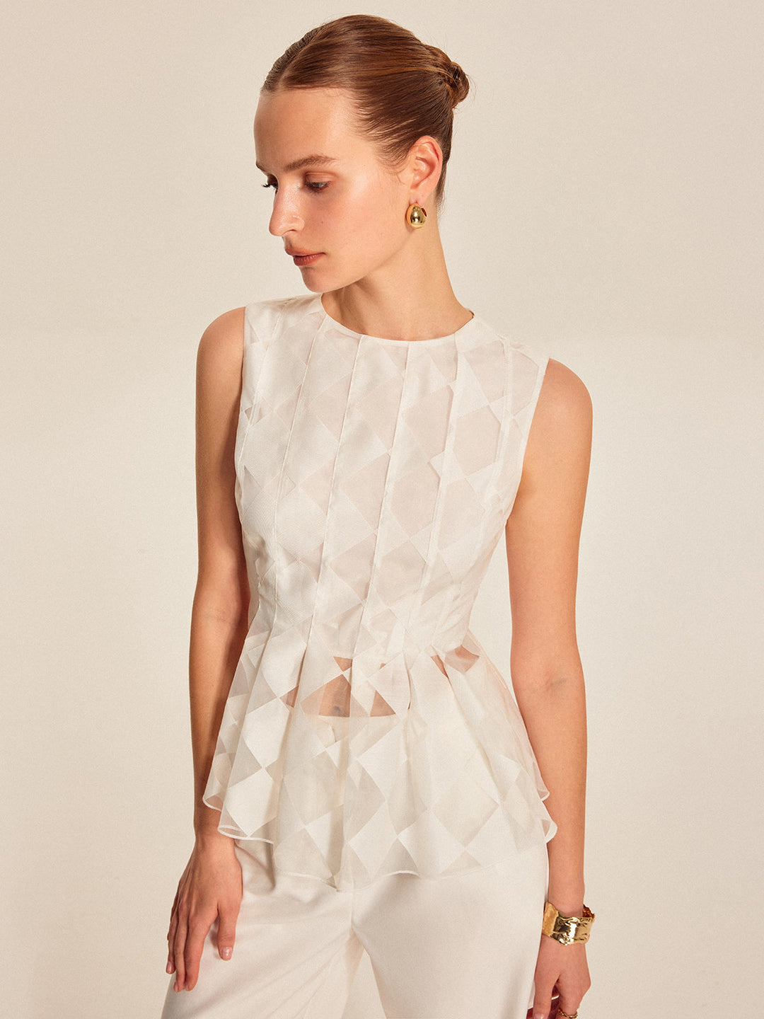 Şık yarı şeffaf geometrik peplum bluz